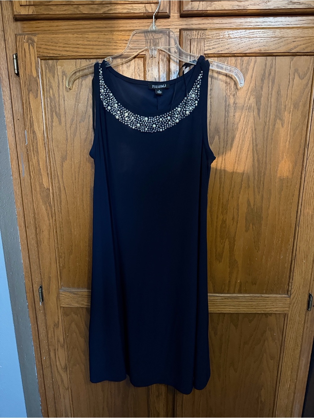 Roz & Ali Navy Sleeveless Midi Dress with Beaded Neckline